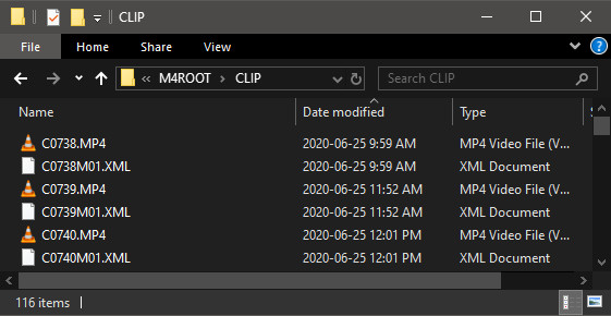 Sony A6100 naming convention for video and XML files.