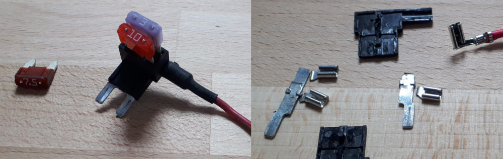 Left: How a pick fuse looks like. Right: The pick fuse in the truck was broken at the metal bends due to vibrations over the years.